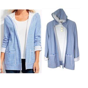 Talbots NEW Size M Blue White Stripe Open Front Jacket Cardigan Hood Pockets
